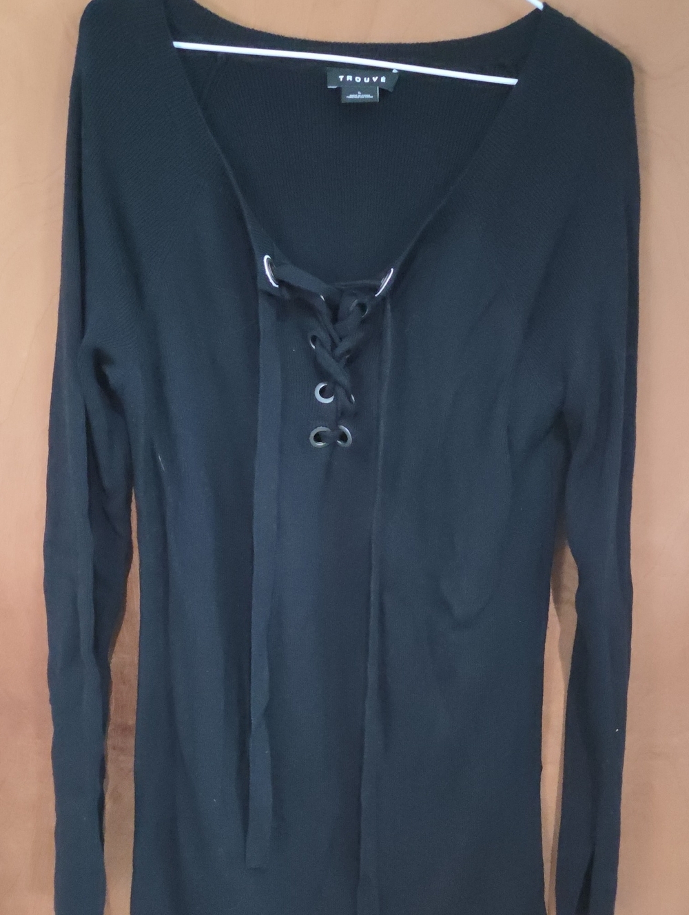 Trouve Black V-Neck Lace-Up Sweater